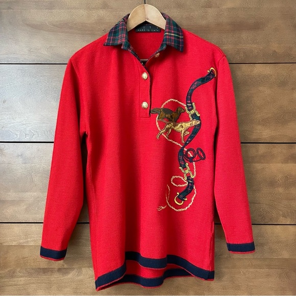 Vintage Men’s Polo Sweater Tartan Plaid Collar Merino Wool Equestrian Dog Preppy - Picture 14 of 14